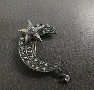 Vtg Crescent Moon And Stars Sterling Silver Cut Stone Brooch Pin Marcasite Italy