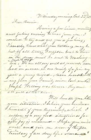 1862 Oct 22 Civil War Letter To Union Soldier From Cousin Re: Life In Army
