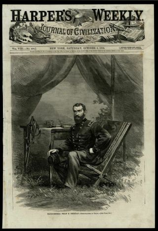 Major General Philip Sheridan Civil War Union Leader 1864 Wood Engraved Print