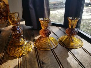 2 Vintage Amber Glass Candlesticks Candle Holders & Moon & Star Candlestick