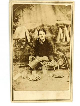 Civil War Era Cdv Photo Young Man Posing Camping Eating Tent Background Antique