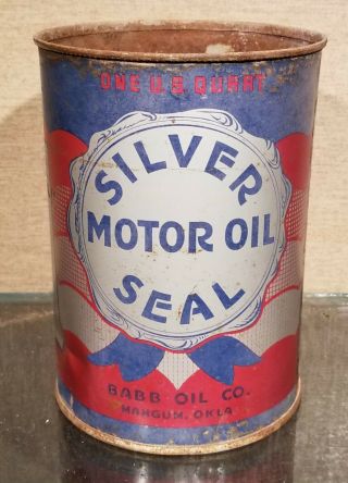 1930s Silver Seal 100 Pure Paraffin One Quart Motor Oil Can Babb Oil Mangum Ok