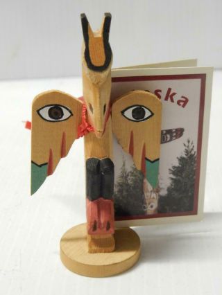 Vintage Miniature Alaska Indian Hand Carved Wood Totem Pole Orig Ak Guild Tags