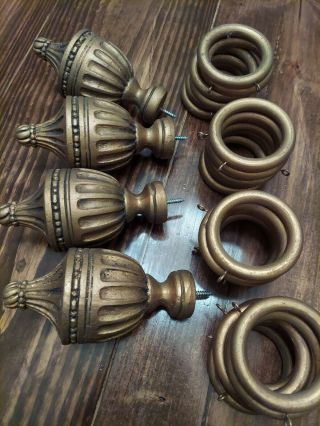 4 Hand Painted Antique Look Resin Curtain Rod Finial Large & 24 Rings