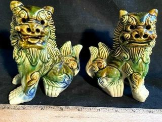 Vintage Asian Ceramic Glazed Foo Dog Figurines 5.  5 " Green W/blue