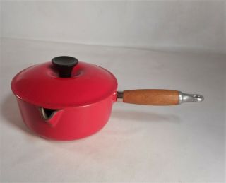Vtg Le Creuset Cast Iron Enamel Red Saucepan 18 2qt Wood Handle France