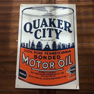 Vintage Quaker City State Motor Oil Sign 13” X 18 1/2” - 100 Pure - Gas Station