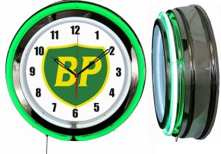 Bp British Petroleum Gas Oil 19 " Double Neon Clock Green Neon Man Cave Garage