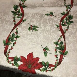 Vintage Mid Century Christmas Tablecloth Poinsettias On Damask 58 " X114 " Banquet