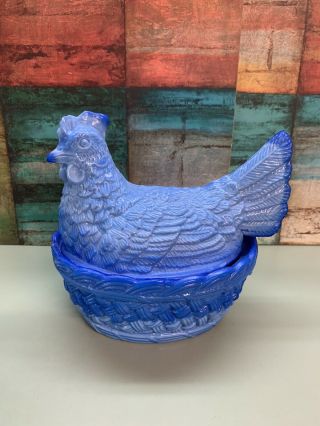 Vintage Slag Glass Blue And White Hen On A Nest Covered Dish
