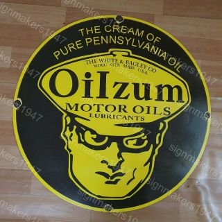 Oilzum Motor Oils Porcelain Enamel Sign 30 Inches Round