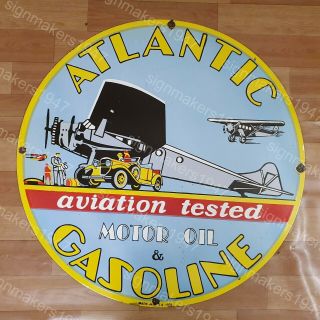 Atlantic Gasoline Porcelain Enamel Sign 30 Inches Round