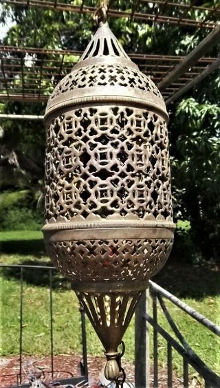 Vintage Mid - Century Moroccan Filigre Brass Lantern Swag Lamp