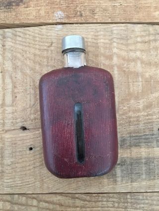 Vintage Brown Leather And Glass Flask Small Antique Collectible Flask