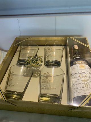 1972 Canadian Club Whiskey Gift Set With Whiskey Rocks Glasses 14 Oz Gold Trim