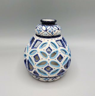 Vtg Mexican Art Pottery Hand Painted Blue Votive Tea Light Holder Javier Servin