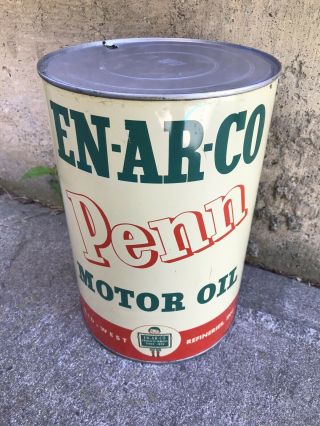 Oil Can Enarco Penn Motor Oil Rare 5 Quart 1930’s 9/10