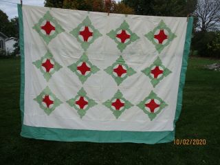 Vintage Hand Appliqued Quilt Top Red & Green Abstract 94 " 94 "