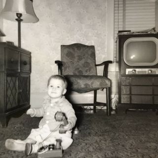 Little Boy Old Telephone Tv Mcm Furniture Photograph 1940’s Black White Snapshot