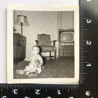 Little Boy Old Telephone TV MCM Furniture Photograph 1940’s Black White Snapshot 2
