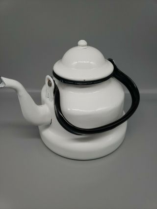 Vintage Emailul White Enamelware Water Kettle Tea Pot Black Handle 0001