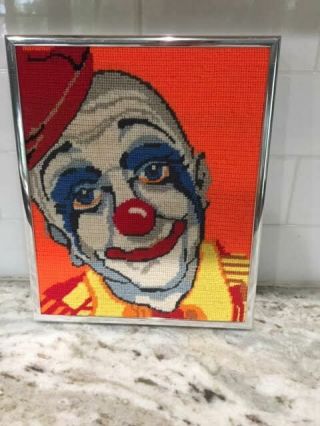 Vintage Finished Needlepoint Clown Handmade 8/14 W " X 9 3/4 " L X 11/4 " Framed