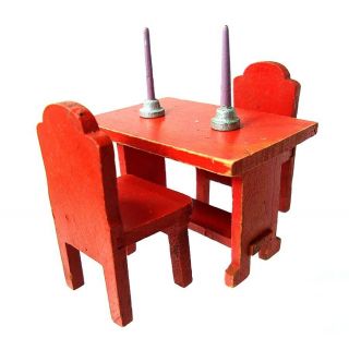 Vtg 1930s Strombecker Dollhouse Furniture Red Study Desk 2 Chairs 2 Candlesticks