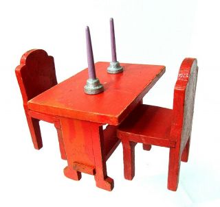 VTG 1930s Strombecker Dollhouse Furniture Red Study Desk 2 Chairs 2 Candlesticks 2