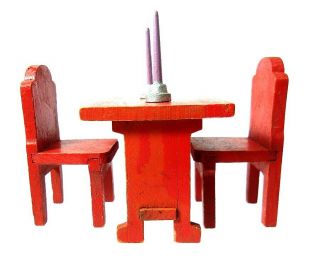 VTG 1930s Strombecker Dollhouse Furniture Red Study Desk 2 Chairs 2 Candlesticks 3
