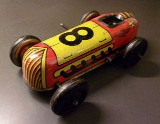 Vintage Lupor Tin Wind Up Race Car 8 Metal Products N.  Y.  6.  5 " Long