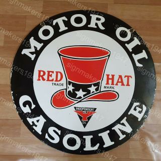 Red Hat Gasoline 2 Sided Porcelain Enamel Sign 30 Inches Round