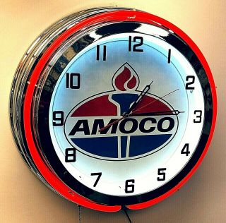 19 " Amoco Oil Gas Vintage Logo Sign Double Neon Clock Red Neon Chrome Finish
