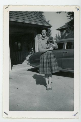 Stylish Woman Posing With Pet Cat Vintage Snapshot Animal Photo