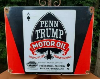 Large 1936 Dated Penn Trump Motor Oil Porcelain Gas Station Advertising Sign