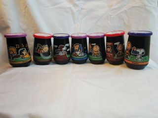 Full Set Of 7 Welch’s Peanuts Jelly Jars Glasses.  4” Tall.  Never Opened.