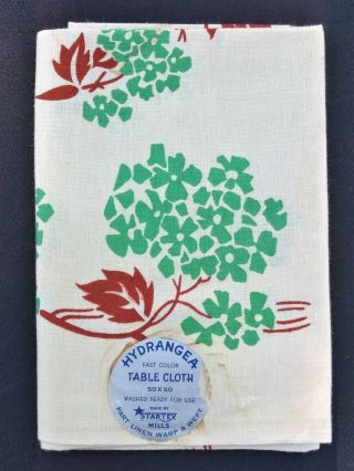 Vtg 1940s Startex Printed Tablecloth Green Brown Hydrangea - W/ Tags