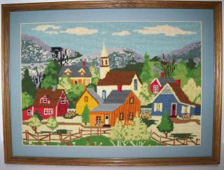 Vintage Finished Crewel Embroidery Framed,  Town Village Country Scene