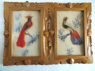 Vintage Mexican Bird Feather Folk Art Picture Hand Carved Frames Set Pair