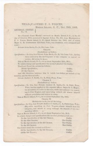 1863 Civil War General Orders For Court Martial Morris Island South Carolina