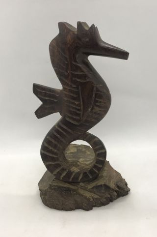 Vintage Wood Carved Seahorse Statue 6 - 3/4” Tall,  Dark Wood