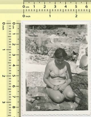 Busty Bikini Woman Beach Portrait Swimwear Lady Vintage Photo Snapshot