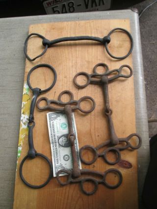 4 Vintage Horse Bits,  3 Jointed.  1 Might Be Blacksmith Made.