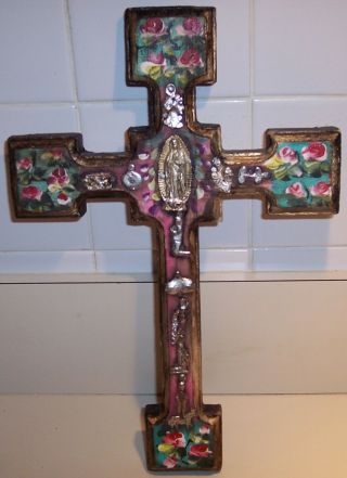 Vintage Mexican Milagro Wood Cross Folk Art Prayer Charms Hand Painted