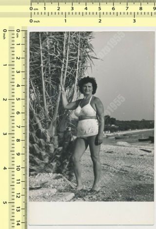 Bikini Woman Pose On Beach,  Swimwear Lady Portrait Vintage Photo Old