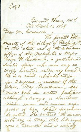 Civil War General Daniel Sickles Letter Of Recommendation 1869 Excelsior Brigade
