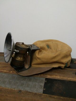 Vintage 1940s Coal Miners Hat Cloth Canvas W/ Carbide Lamp