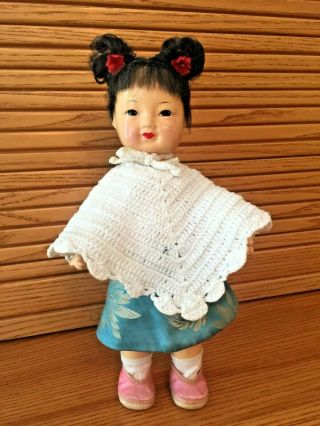 Vintage Composition Chinese/asian Girl Doll 8 1/2 " Blue Silk Skirt & Knit Shawl