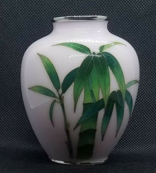 Vtg Japanese Cloisonne Bud Vase Pink W/ Green Bamboo & Chrome 3.  5 "