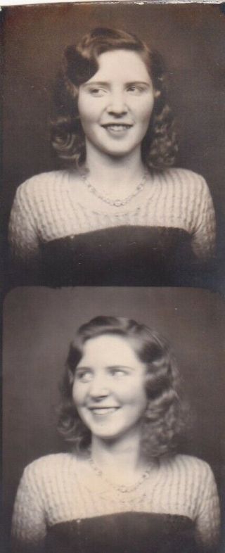 Vintage Photo Booth - Strip - Pretty,  Awkward Young Girl,  Head To Side,  Side - Eye