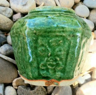 Vintage Green Glazed Hexagonal Chinese Ginger Jar With Floral Designs Euc